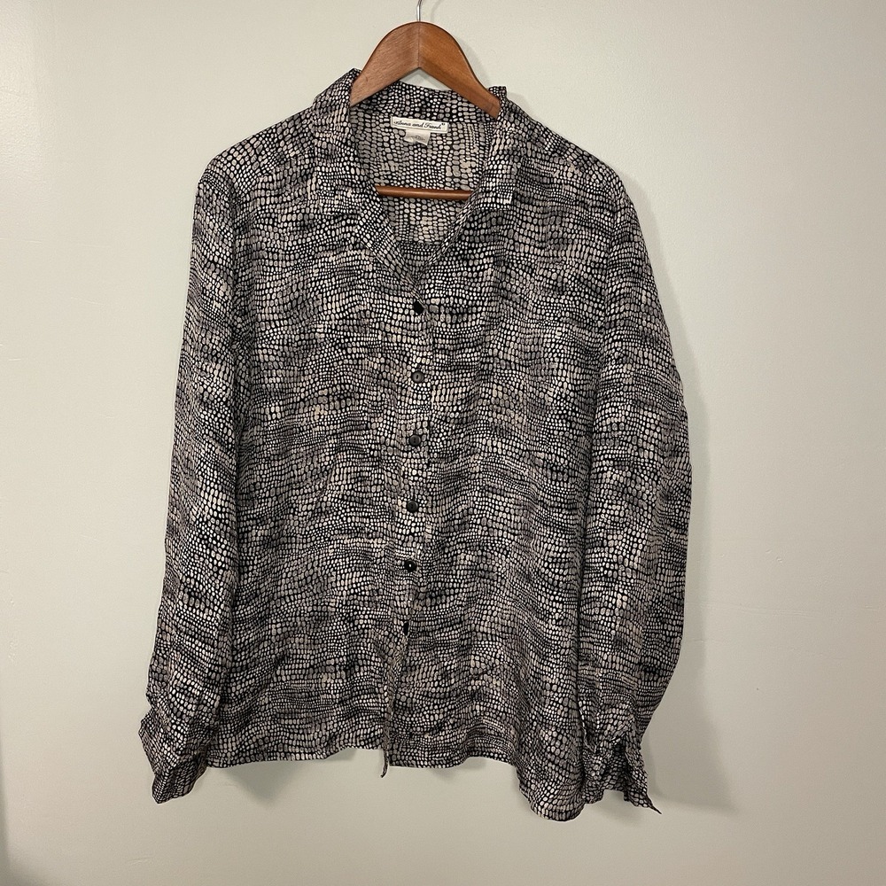Anna And Frank Blouse Womens XL Black White 100% Silk Button Long Sleeve Top VTG